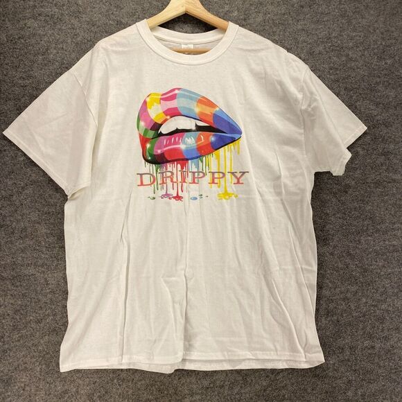 Gildan T-Shirt Women XL White Lips Print Crew Neck Short Sleeve Cotton Casual - Picture 1 of 6